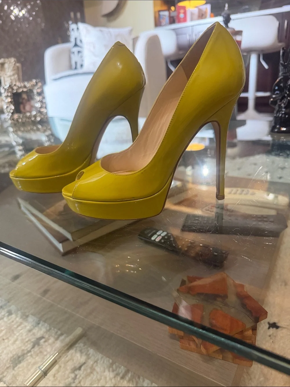 Jimmy Choo Yellow Patent Peep-Toe Platform Pumps - Lime Tone